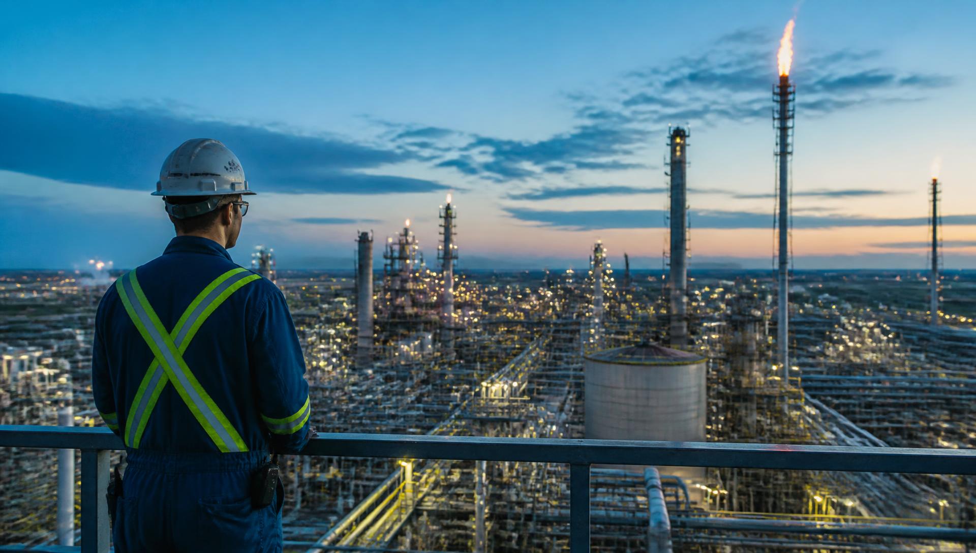 Safety professional overlooking an Alberta refinery at dusk