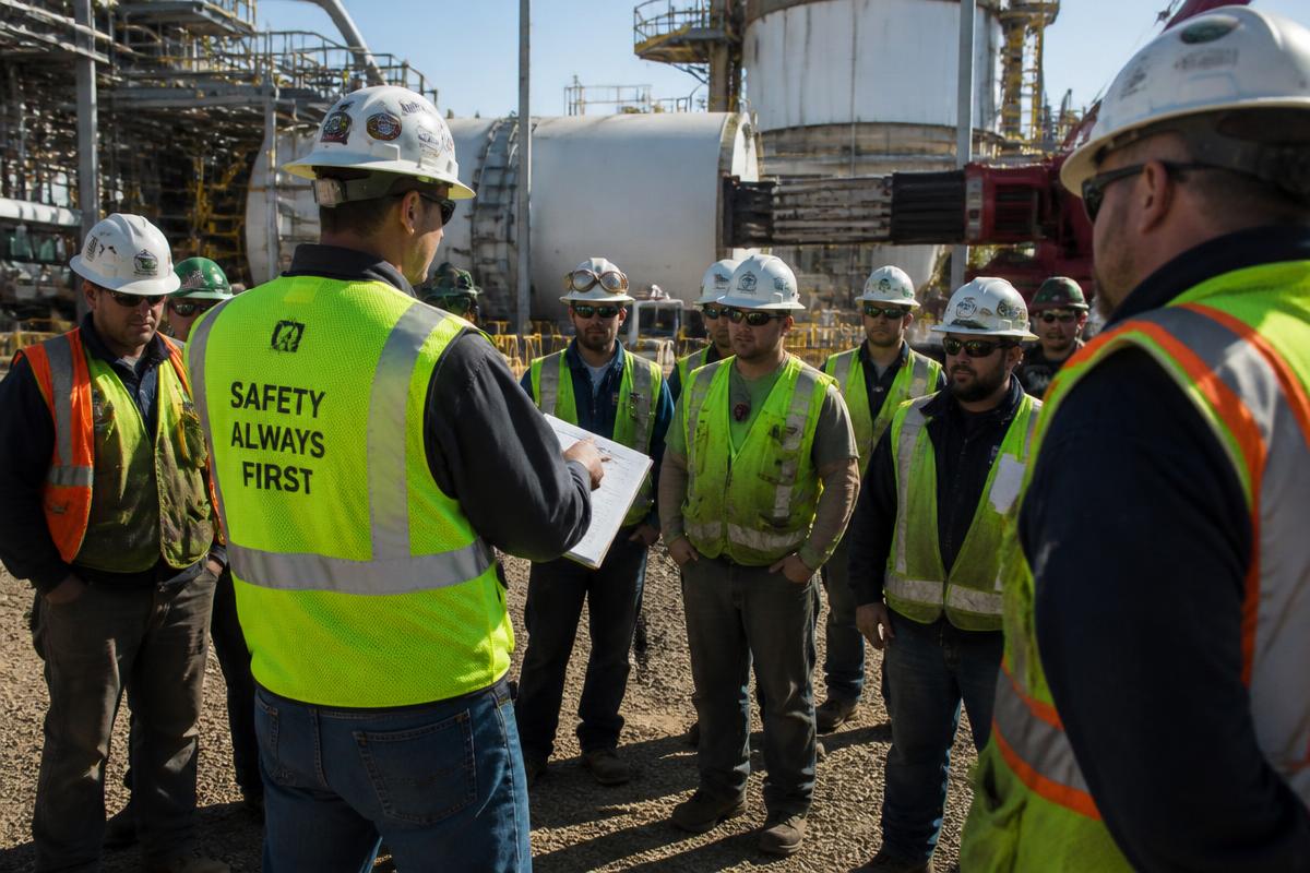 Safety supervisor leading a toolbox meeting with an industrial crew